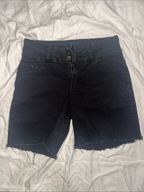 Women's Black High-Rise Denim Bermuda Shorts with Raw Hem
